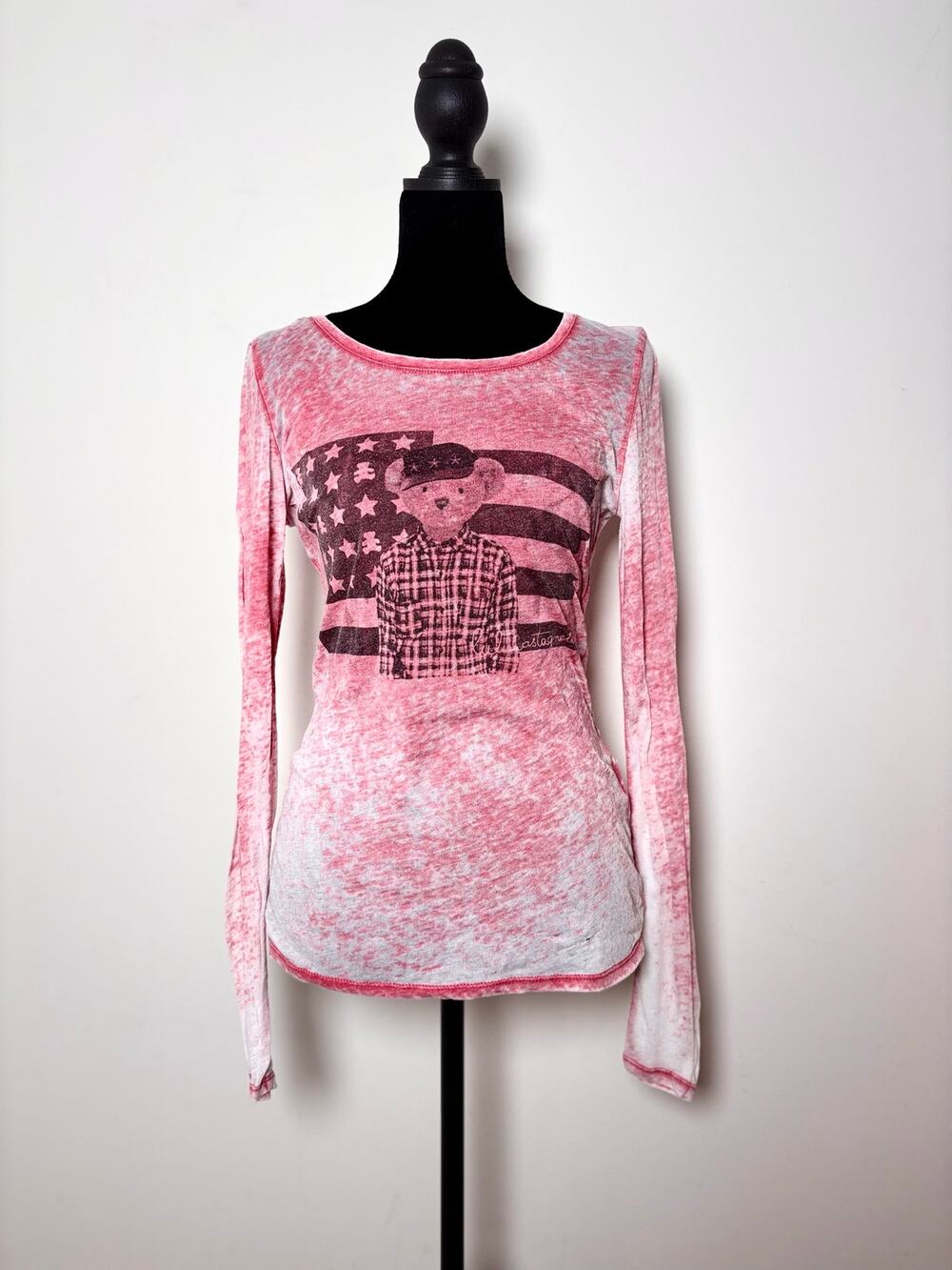 Lulu Castagnette Coral Pink Sheer Lightweight Burnout Thermal Top Teddy Graphic